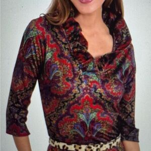 Gretchen Scott 3/4 sleeve ruff neck top in passion paisley - new with tags